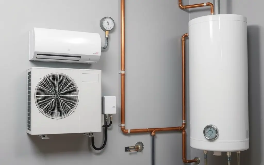 Technikraum mit Wärmepumpen-Innengerät, Außengerät, Warmwasserspeicher und gedämmter Kupferverrohrung