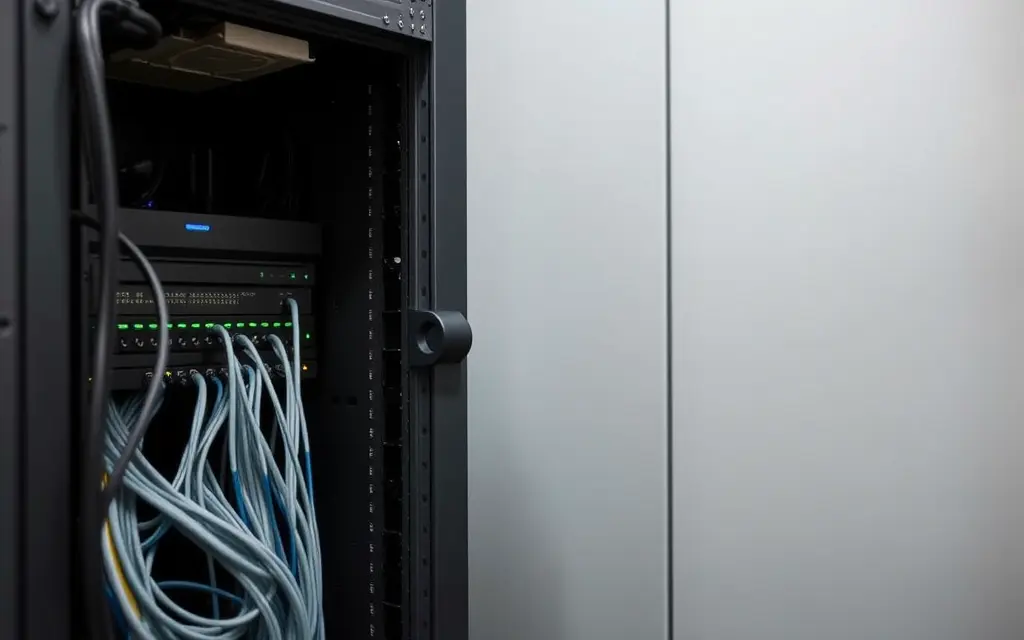 Offener Serverschrank mit sauber verlegten Netzwerkkabeln und Patchfeld in einem Technikraum
